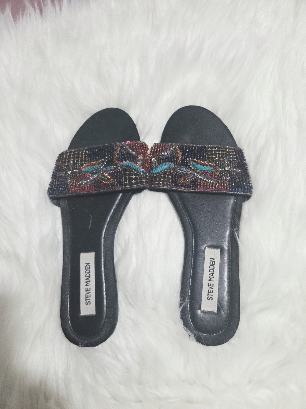 Steve Madden Women’s Black Beaded Slide Sandals - Picture 2 of 5